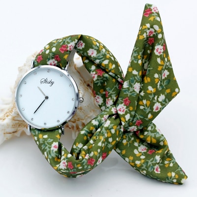 Shsby märke dam blomma tyg armbandsur strass silver kvinnor klänning klocka tyg klocka söt flicka armband klocka: Grön