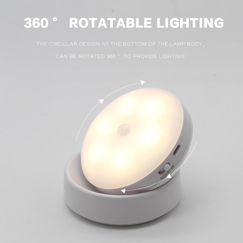 LED Motion sensor Night Light USB Rechargeable Security Rotating Wall Lighting Bedroom Cabinet Kitchen Bedside Stair Lamp Toilet