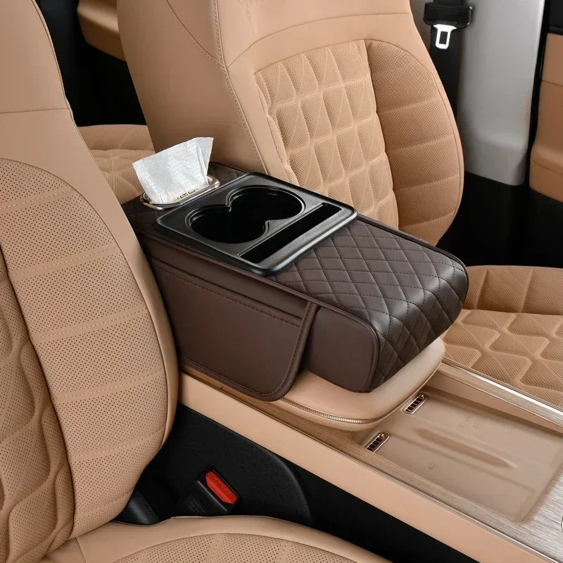 Caja de reposabrazos para coche, almohadilla de altura gruesa de 7,5 cm, cojín para reposabrazos con bolsillo, portavasos de tejido, soporte para codo de algodón con memoria, almohadilla de altura: Marrón