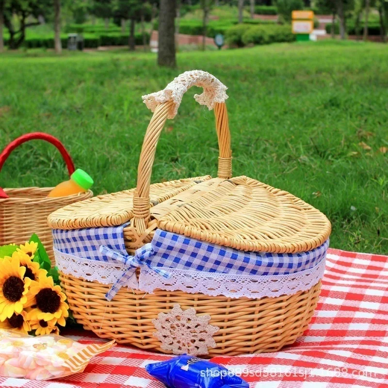 Cestas de frutas para Picnic y acampada, organizador de alimentos, cesta grande hecha a mano, asa de mano de mimbre Retro, cesto de almacenamiento tejido de sauce para exteriores: Azul