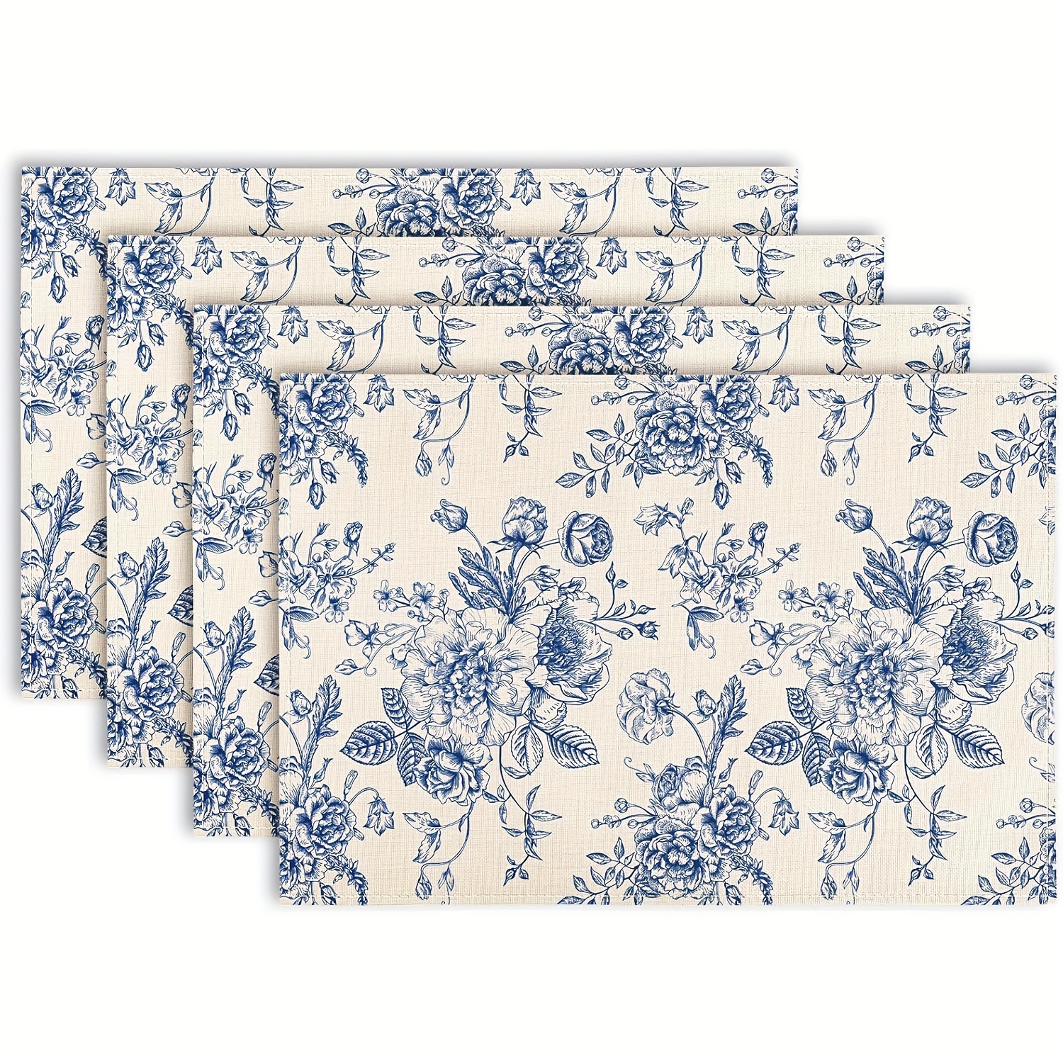4 pçs, placemats de linho floral vintage azul flor tapetes de mesa tapetes de jantar para decoração de cozinha em casa, 12x18 Polegada, conjunto de 4, bl