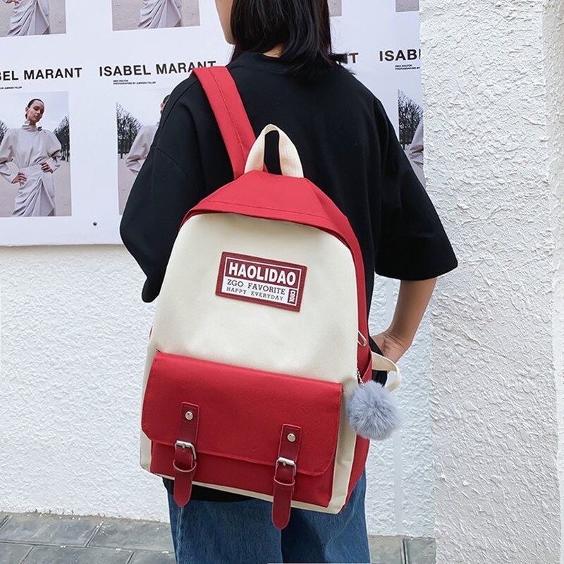 Dames canvas rugzak tiener schattige haarbal lint studenten schooltas meisjes grote capaciteit schouder reistas  b82: B176- rode