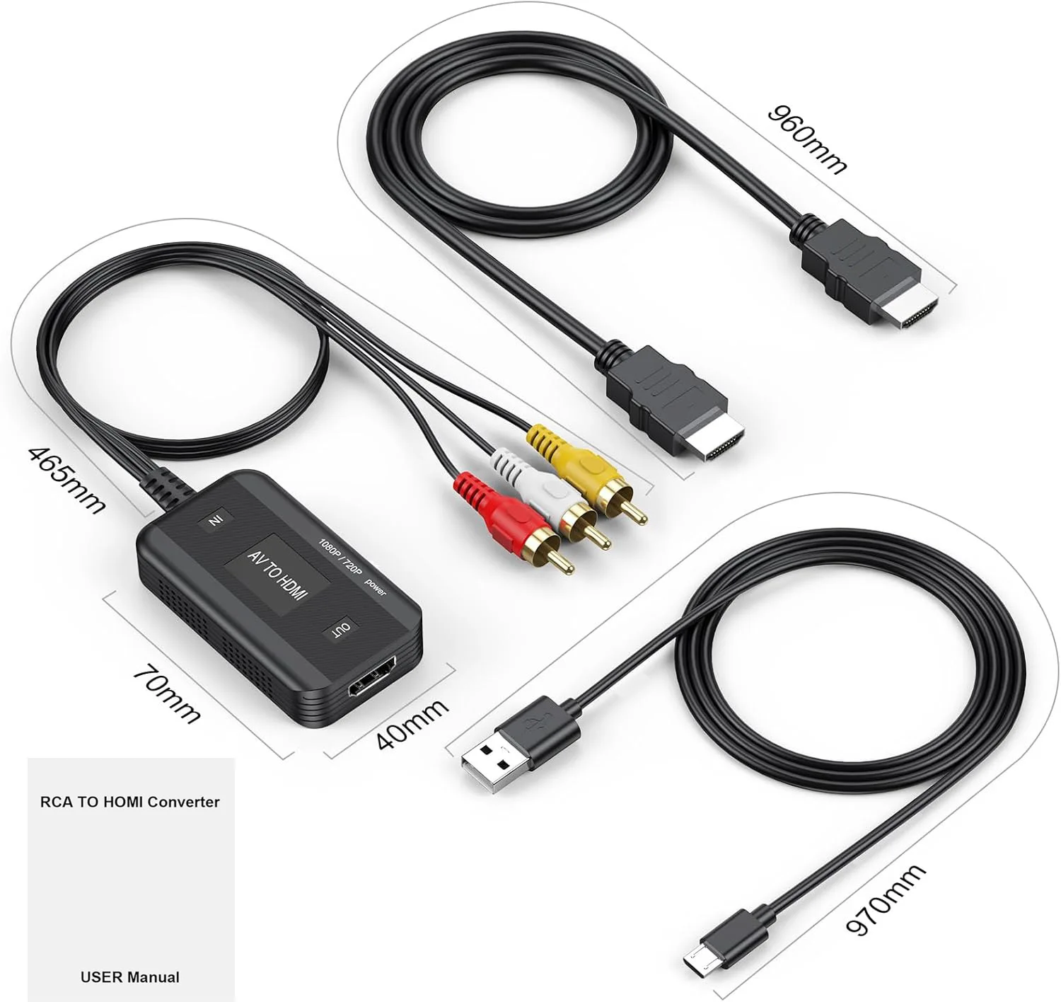 Video Adapter 1080P Converter RCA to HDMI Cable HD Link Cable Audio Cable HDMI Converter AV to HDMI Adapter: black