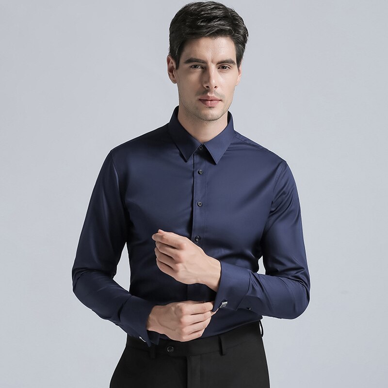 Men's Cotton Dress Shirt Men's Regular Fit Cufflink Shirts Solid Color Long Sleeve Business Suits Shirts