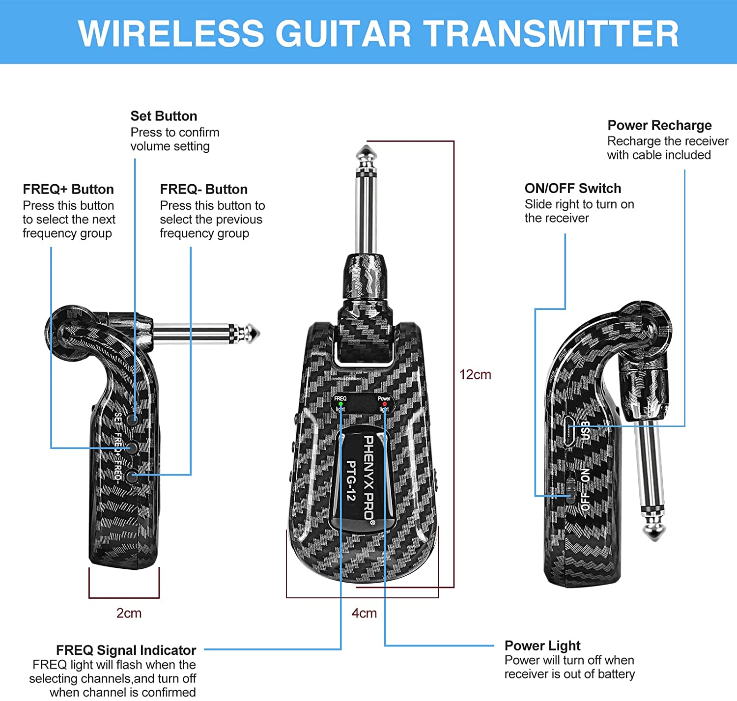 Phenyx Pro Wireless Guitar System, Rechargeable UHF Transmitter And Receiver Set, 20 Selectable Channels