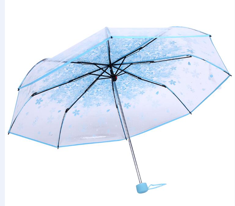 Transparent Folding Women Cherry Blossom Umbrella Fashionable Princess Fold Sun Rain Umbrella: Blue