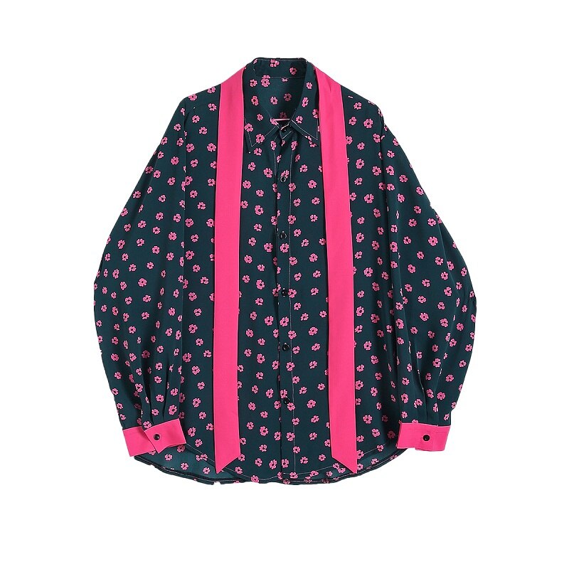 Mannen Roze Strikje Oversized Shirts Casual Bloemen Lange Mouw Blouse Vrouwen Harajuku Elegante Mode Groen Shirt Camisa Masculina