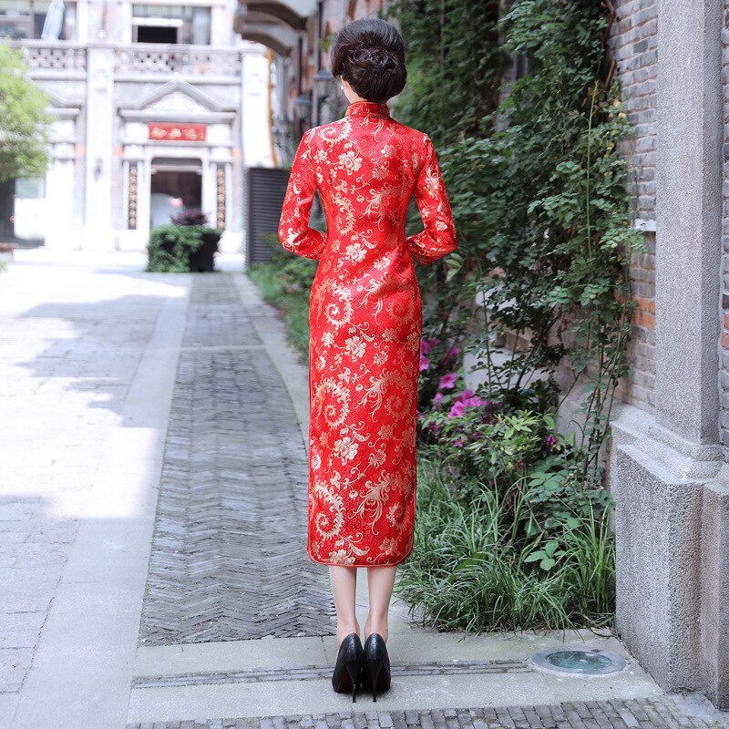 Women Long Cheongsam Slim Vintage 3/4 Sleeve Dress Tang Suit Long Dresses Wedding Evening Dress