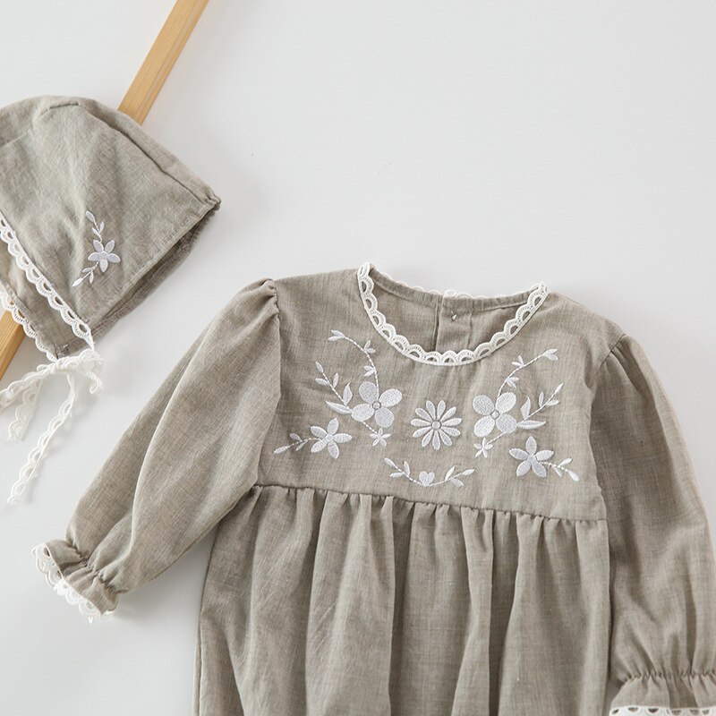 Baby-mädchen herbst langarm-Karosserie mit blumenstickerei, strampler mit mütze, 2- teiliges kleinkinder-einstellen