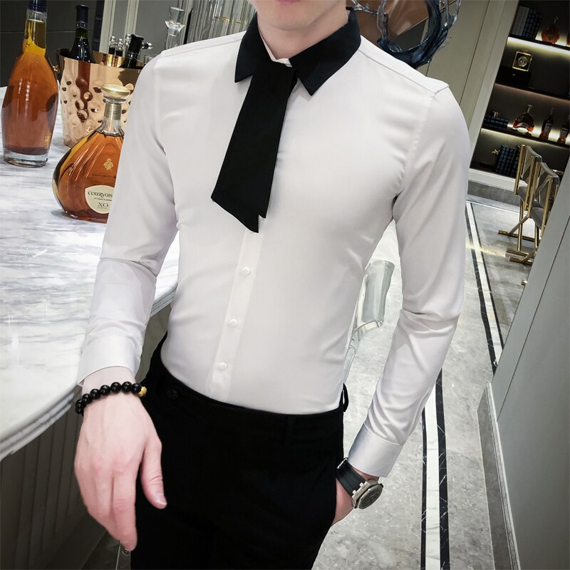 British Style Simple Tuxedo Shirt Men All Match Tie Long Sleeve Men Social Shirts Slim Fit Party Wear Blouse Homme 3XL-M