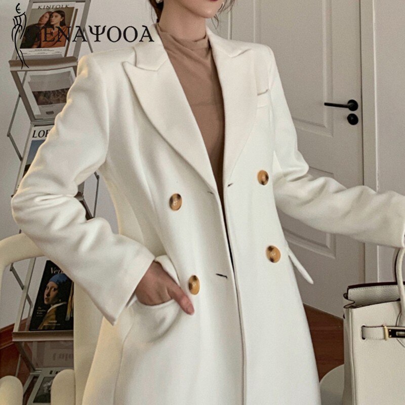 Genayooa kvinnor vinter vit kappa ull kontor damer lång kappa varm dubbelknäppt överrock koreansk
