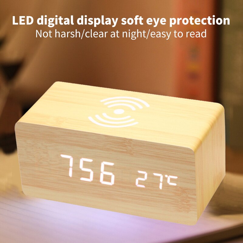 Modern Wooden Wood Digital LED Desk Alarm Clock Thermometer Wireless Charger With Wireless Charging Pad Alarm Clock LED