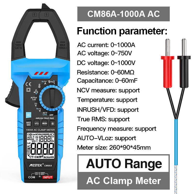 CM86 1000A DC/AC Current Digital Clamp Meter Auto Range Multimeter True-RMS High Precision Volt Temperature Hz Test Clamp Meter: Brown