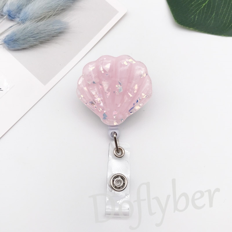 Smuk glitter shell stjerne sygeplejerske læge id-kortholder udtrækkeligt arbejde badge indehaver studerende navneskilt hjul kontorartikler: Lyserød skal