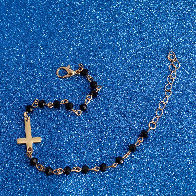 Neue Rosenkranz Stil Seitlich Kreuz Armbinde Schwarz Onyx und Beades Gold oder Kette Armbänder für Frauen Mädchen