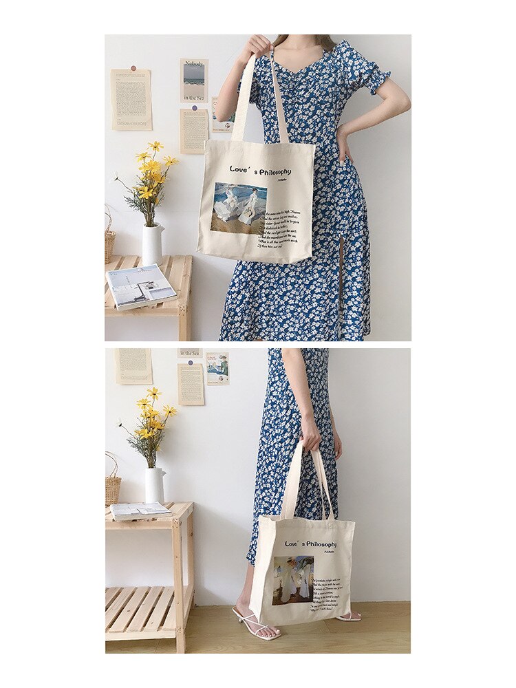 Vrouwen Canvas Boodschappentassen Vrouwelijke Liefde Filosofie Dagelijkse Schoudertassen Dames Olieverf Boeken Tas Handtassen Tote Voor Meisjes