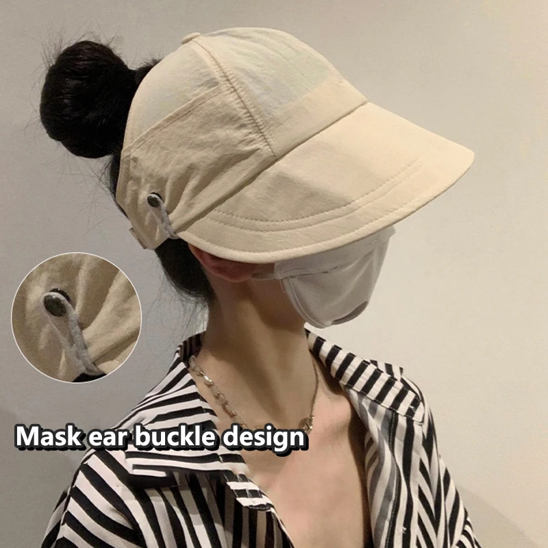 1 Stuks Opvouwbare Brede Rand Paardenstaart Zonnehoed Zomer Sneldrogende Uv-bescherming Emmer Hoed Voor Vrouwen Visser Caps met Masker Knop