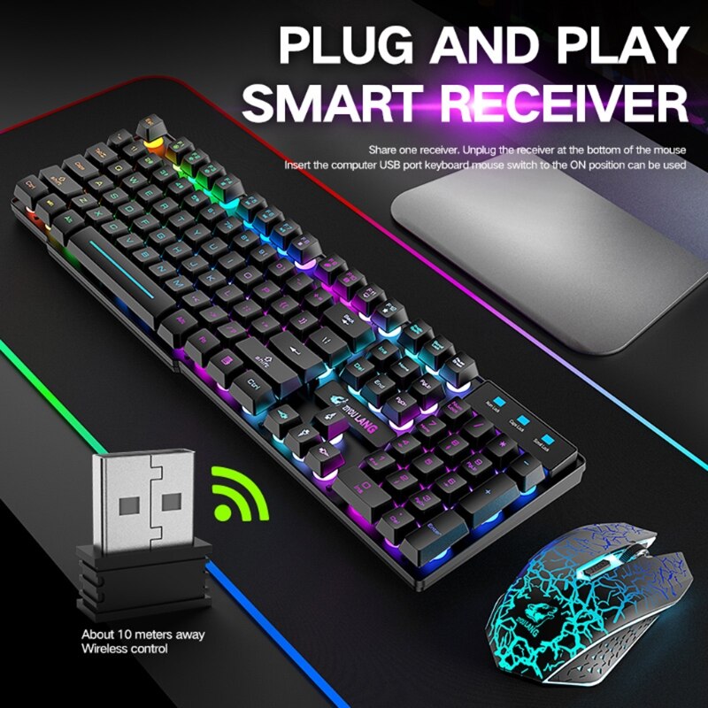 2.4G Rechargeable Wireless Gaming Keyboard and Mouse Set Colorful LED Breathing Light 3 Gear DPI Adjustable Laptop Parts