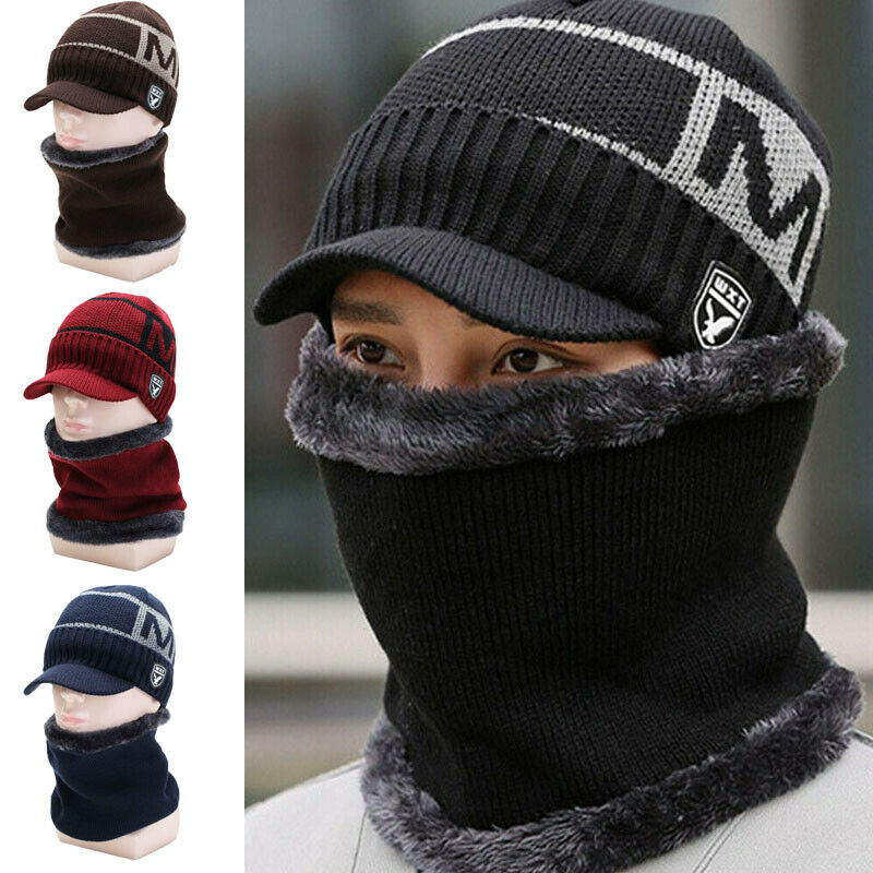 Brand Men Warm Winter Hat Knit Visor Beanie Fleece Lined Billed Beanie with Brim Cap