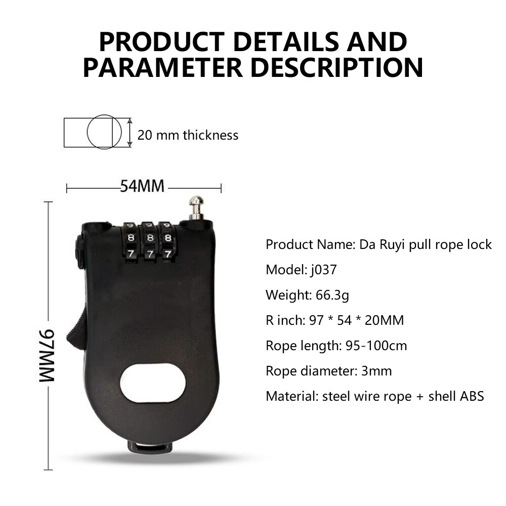 3 Digit Security Code Fiets Kabel Lock Wachtwoord Lange Roller Kinderwagen Hangslot Touw Fiets Mini Uitschuifbare Draad Anti Diefstal Accessoires