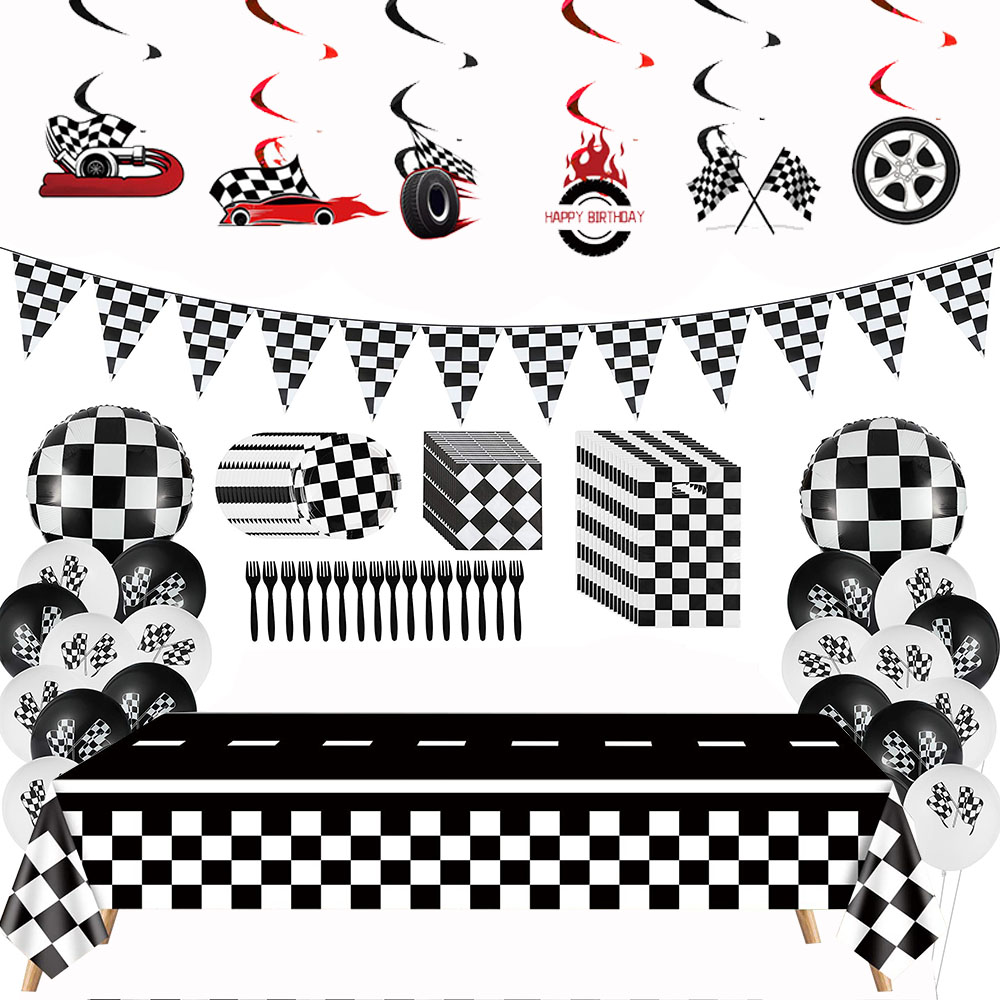 Checkered Disposable Tableware Plates Cups Napkins Racing Car Birthday Party Decorations Race Track Tablecloth Boy Party Favors