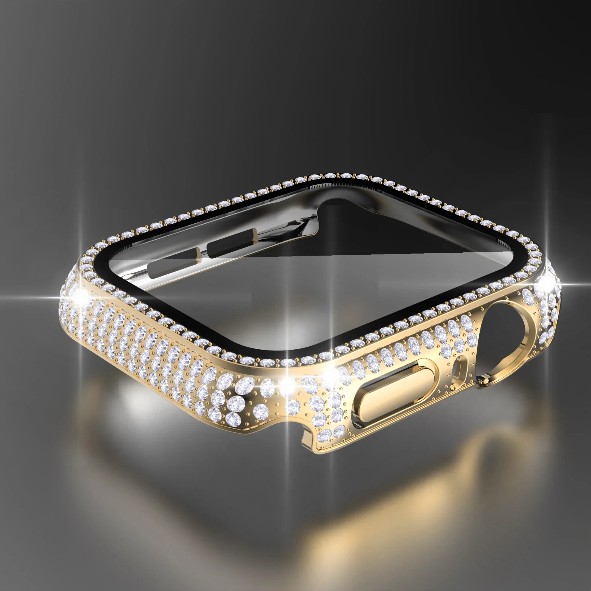Funda de diamante con cristal templado integrado para Apple Watch, cubierta de 41mm, 45mm, 42mm, 44mm, 38mm, 40mm para IWatch Series 9, 8, 7, 6, SE 5, 4, 3: Amarillo dorado / 1.9 Pulgadas y Menos