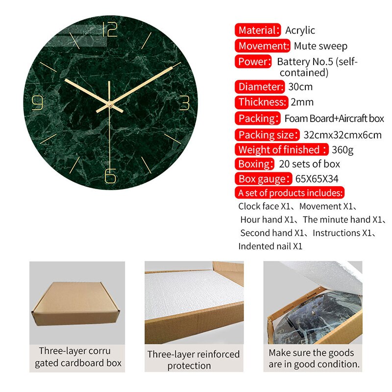 30cm akryl fjäril väggklocka kvarts analog marmor klocka 3d elegant marmor tryck modern rund vägg klocka kreativitet heminredning