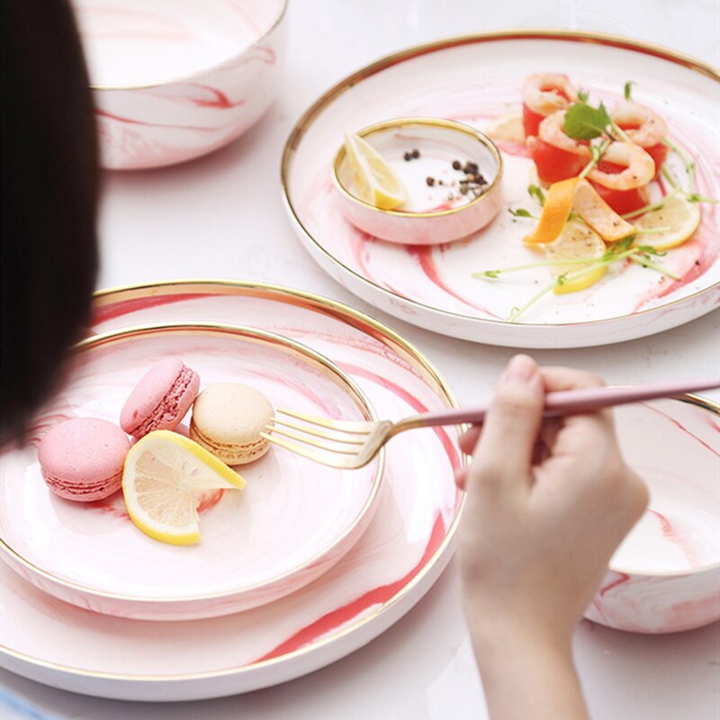 Pink phnom penh keramisk bordservice bøf snack plade retter og tallerken sæt nordisk hjem restaurant leverer marmor salat skål