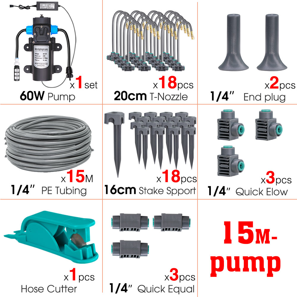 5M-30M 45W-60W Self-priming Pump Watering System 360° Bendable Mist Brass Misting Sprinkler Quick Connector Drip Irrigation Kits