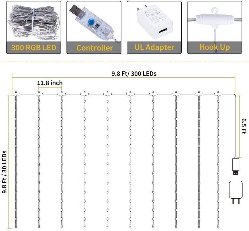 Rideau lumineux Led RGB 300, 3x3m, guirlande lumineuse avec Port USB, télécommande, décorations de noël, 16 couleurs, décor