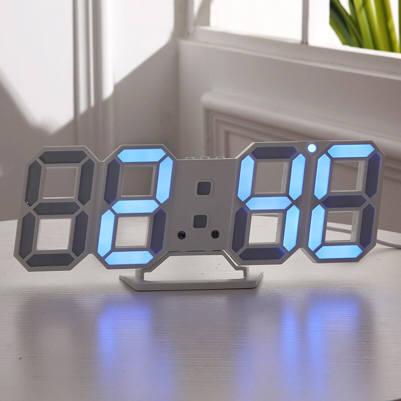 Led digital veggklokke alarm dato temperatur automatisk bakgrunnsbelysning bord skrivebord hjemmeinnredning stativ henge klokker: Hvit og blå
