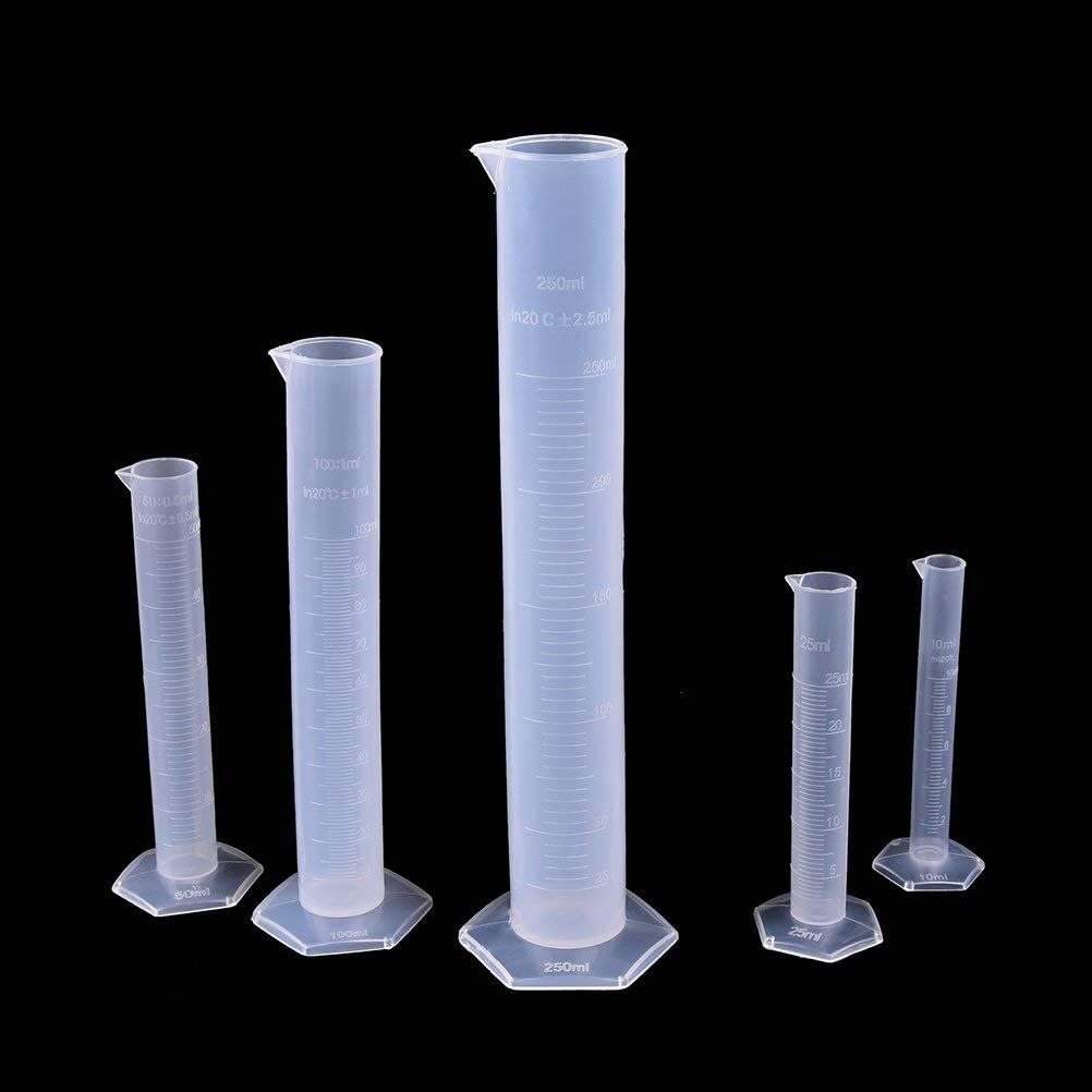 5 Sizes Clear Plastic Graduated Cylinders (10 25 50 100 250ml) 5 Pack Plastic Beakers Set- 50, 100, 250, 500, 1000ML