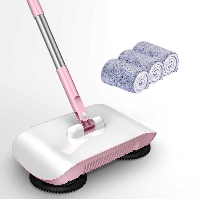 Factory direct hand push sweeper household broom dustpan mop all-in-one mop sweeper without dead corner cleaning mop: Pink 3 pcs