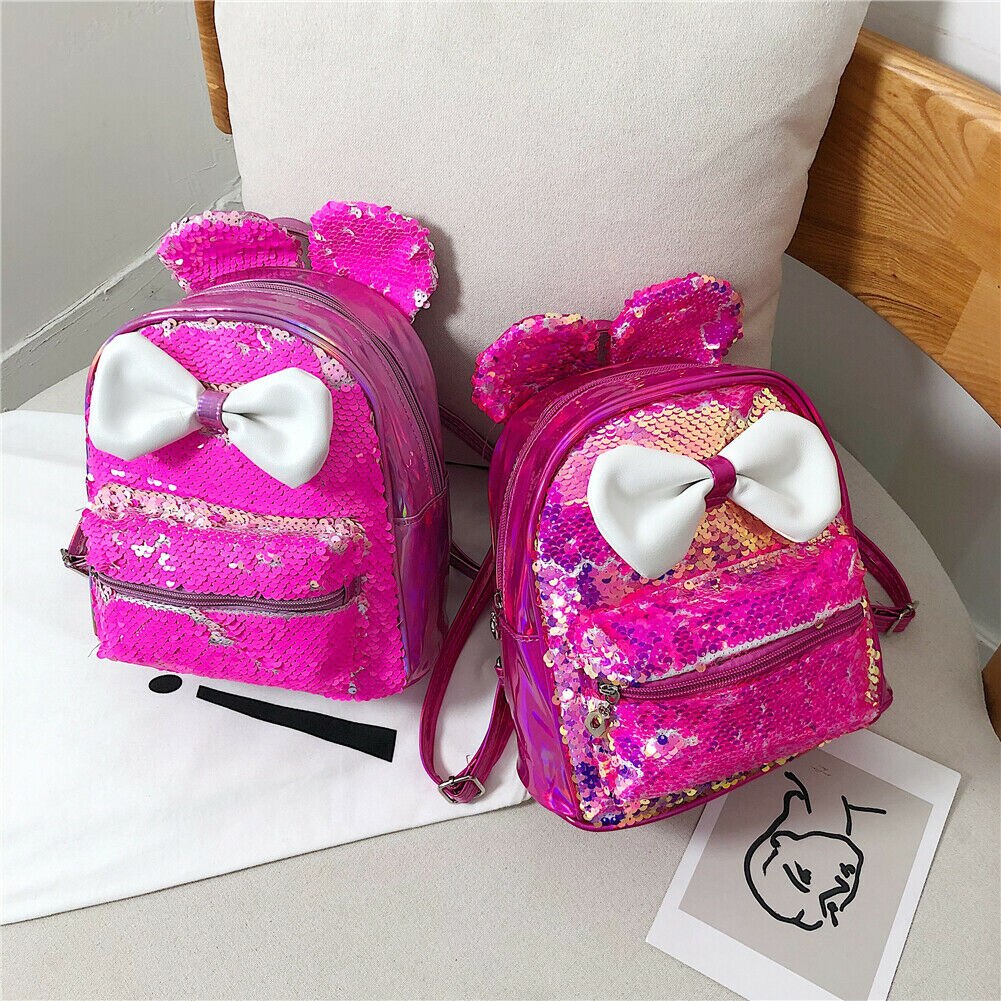 Paillettes femmes paillettes sac à dos oreilles mignonnes Double sac à bandoulière Mini Bling sacs à dos enfants filles paillettes voyage sac à dos: 2