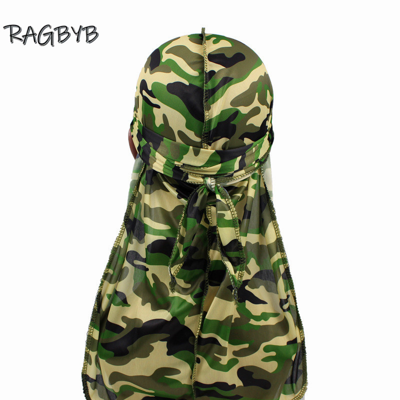 Nuevas pañuelos Durag de seda con estampado de camuflaje para hombres, Durags sedosos, gorro ondulado de cola larga, pañuelo para la cabeza, sombrero para mujer, diadema Durag: Verde