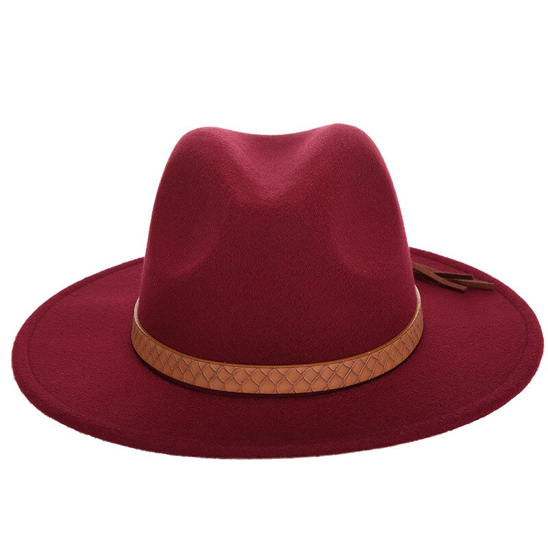 Autumn and winter retro fedora men's and women's universal solid color snake leather belt classic church hats bowler jazz man: Wine / 59-61CM