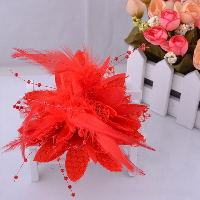 Mode Bloem Veer Bruiloft Haar Tovenaar Kraal Corsage Haarspeldjes Bruids Haarband Broche Pin Bloemen Gasten Noiva Haarspeldjes: Rood