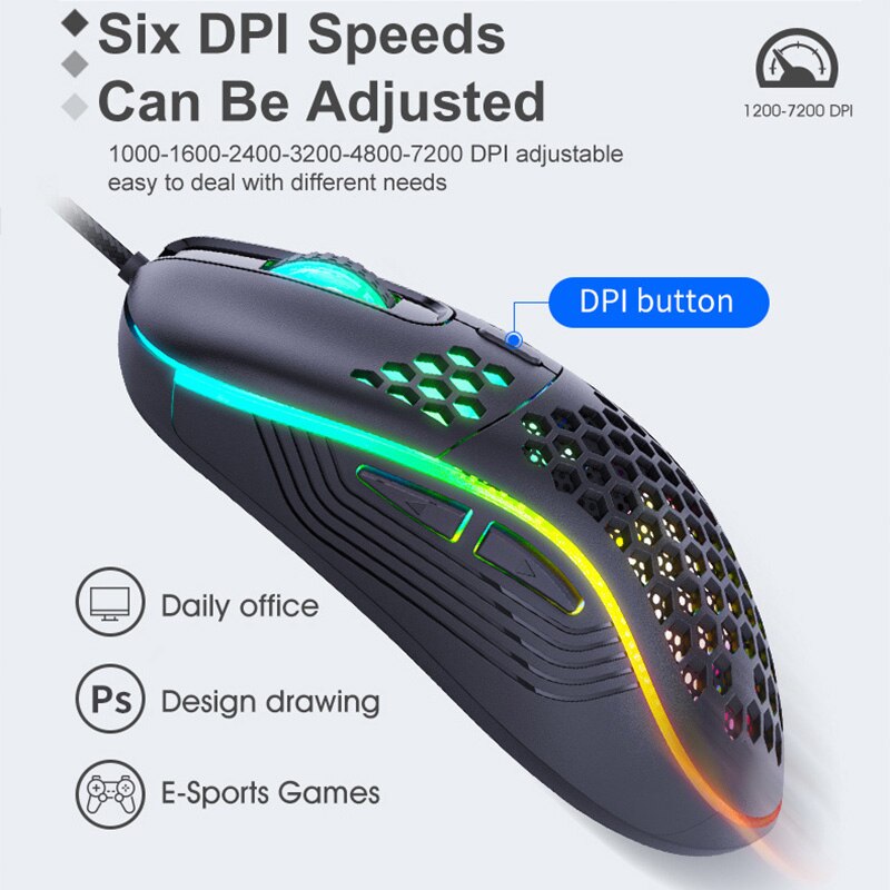 USB Wired Rechargeable Gaming Mouse RGB Honeycomb Mouse 4800DPI Mouse for PC Laptop Computer Notebook Laptop Colorful Light