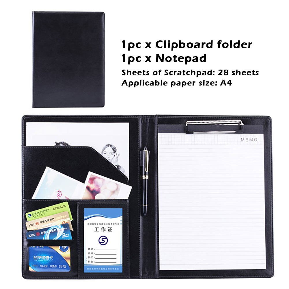 A4 Multifunctional Folder Card Storage With Notepad Clipboard Folder A4 File Multi Pocket Learning Office Supplies Note Book: black