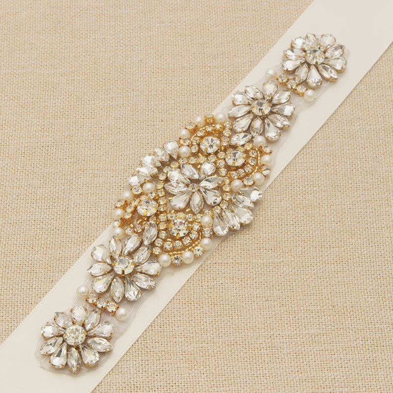 MissRDress Bruids Riem Gold Strass Wedding Belt Crystal Parels Satin Bridal Wedding Sash Voor Vrouwen Jurken JK929
