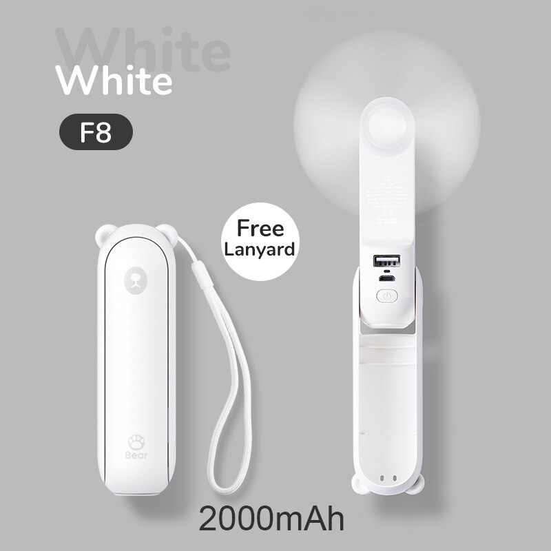JISULIFE Portable Fold Fan PowerBank 4800mAh Charging Usb Fan Mini Fan Ventilador Air Condition with Ultra Bright Led Flashlight: White 2000mAh