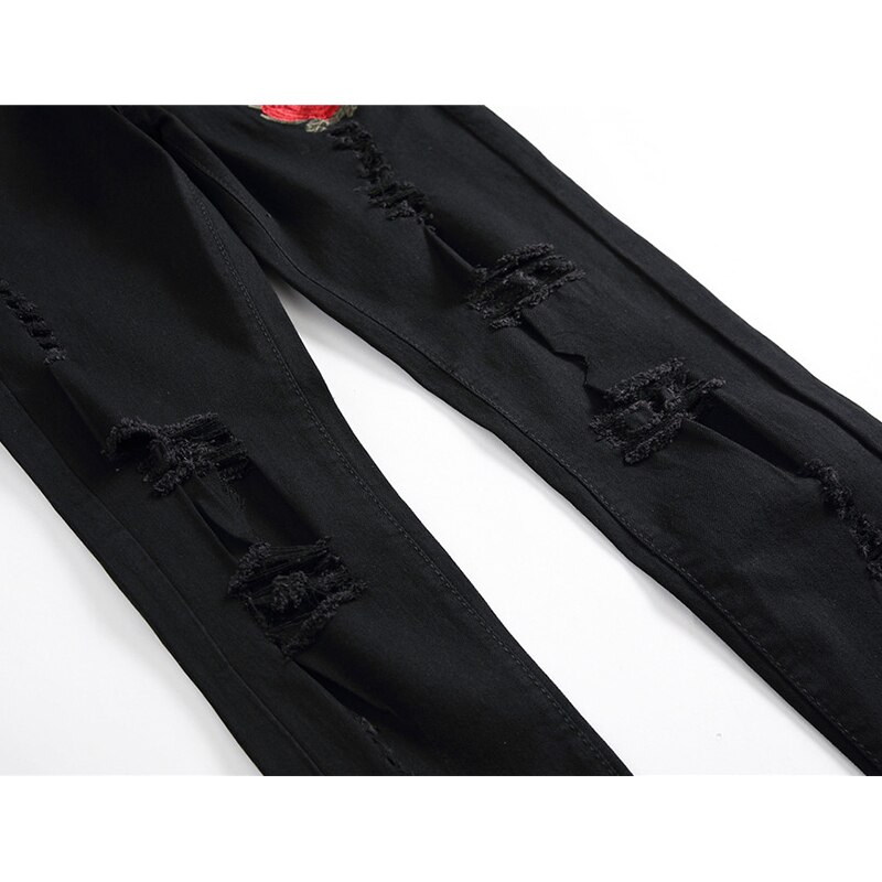 Vomint Black Ripped Jeans Met Borduurwerk Mannen Met Bloemen Rose Geborduurde Mannen Denim Jeans Stretch Skinny Jeans Broek