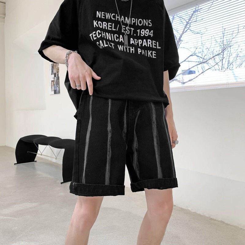 Denim shorts men's summer thin loose wide leg straight tube trend Korean style high street style pants