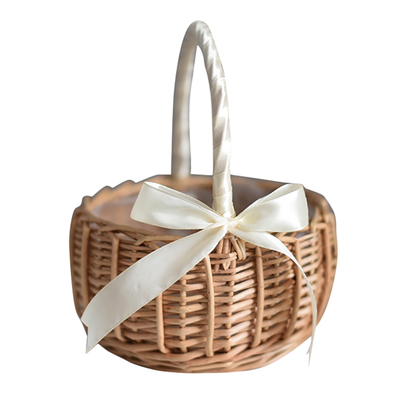 Wicker Woven Flower Basket, With Handle Wedding Flower Girl Baskets, For Home Garden Decoration: White / S
