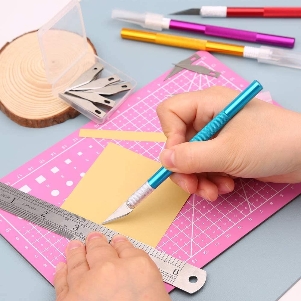 MIUSIE Hobby Knife Kit, Precision Craft Knife Set, 4 Pcs Sharp Carving Knives with 70 Pcs Bottled Blade, Stainless Steel Ruler