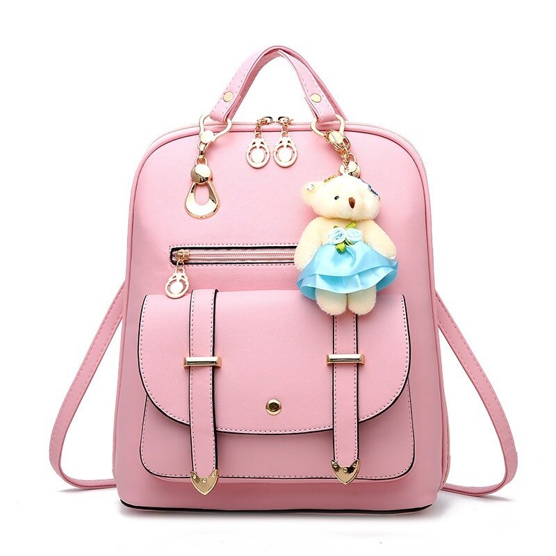 DIOMO Women Backpack Casual Cute for Girl School Bag Pu Leather Bear Pendant Multi-color Optional: Pink