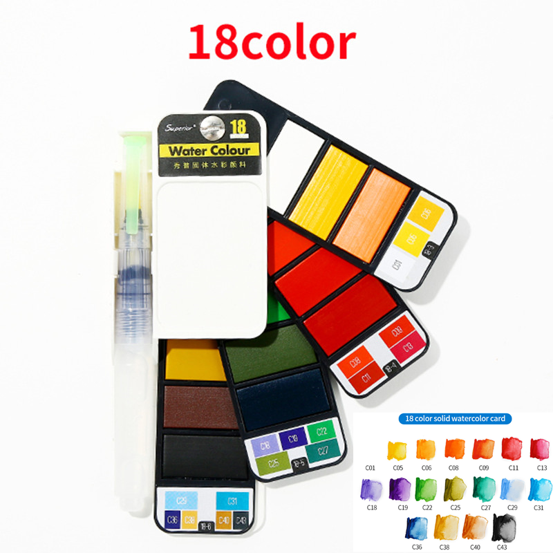 Set van 2 aquarelverf in  :18/25/33/42 kleuren, kunstset met waterpenseel, opvouwbaar aquarelverfpigment: 18 kleuren verfset