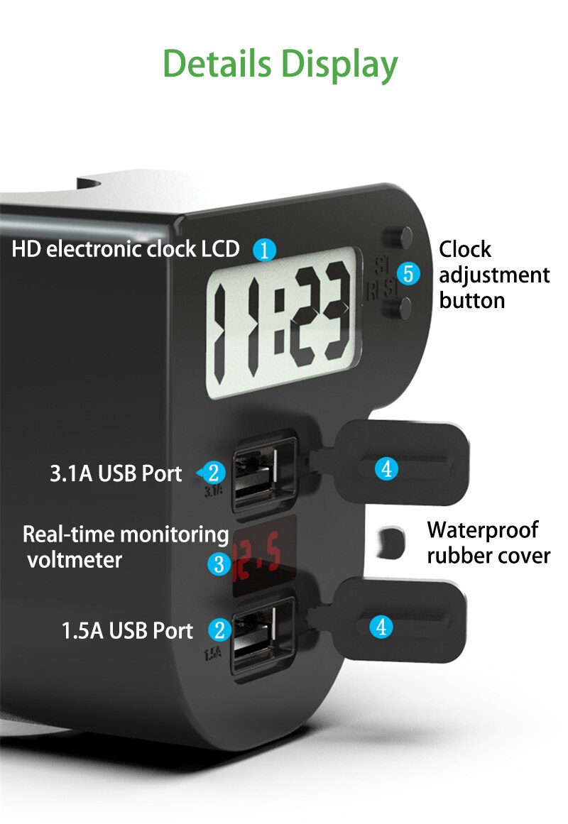 Motorfiets Quick Charge Dual Usb 5V 3.1A/1.5A Charger Motorbike Digitale Klok Led Voltmeter Waterdichte Usb Cover Accessoires
