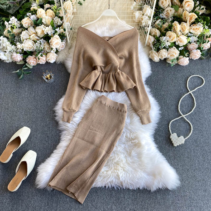 SINGRAIN Autumn Women Shiny Knitting Skirts Sets Lurex Ruffles Long Sleeves Wool Warm Sweater knitted Two Pieces Set Women: khaki