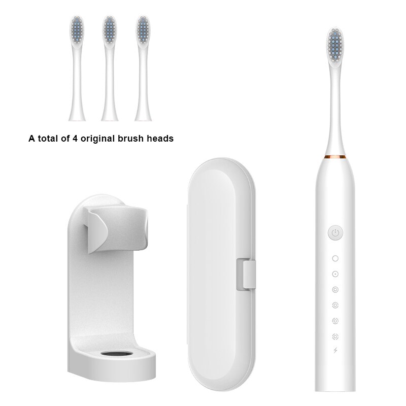 Schall- Elektrische Zahnbürste + Zahn Pinsel Kopf + Reise Kasten + Zahnbürste Halfter Ultra Schall- Automatische USB Aufladbare IPX7 Wasserdicht: Weiß 4 Kopf einstellen